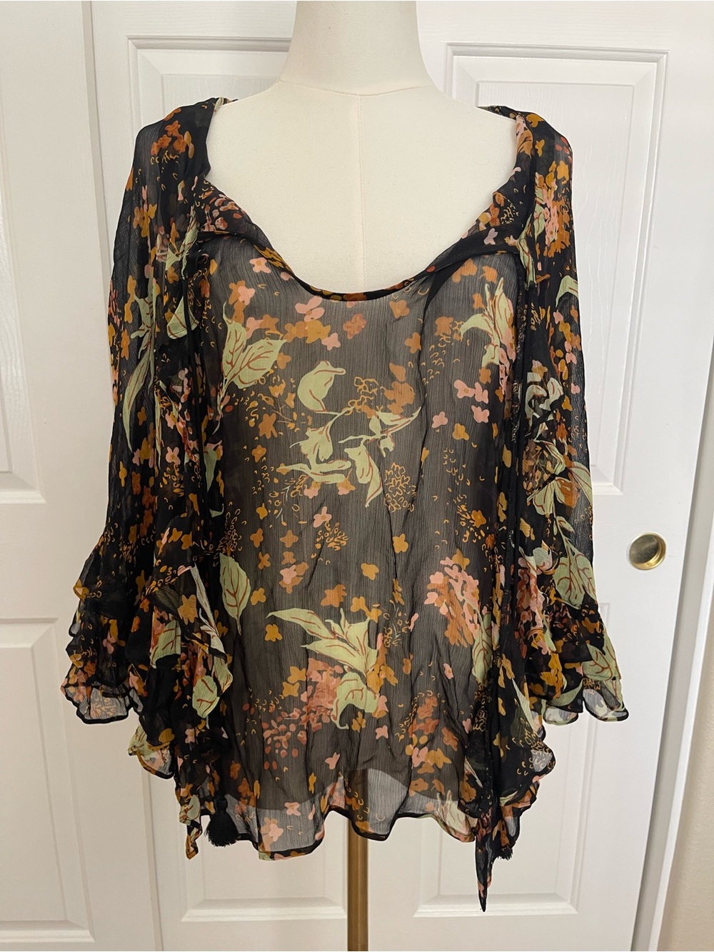 Anthropologie Sheer Black Floral Ruffle Blouse with Green & Peach Accents